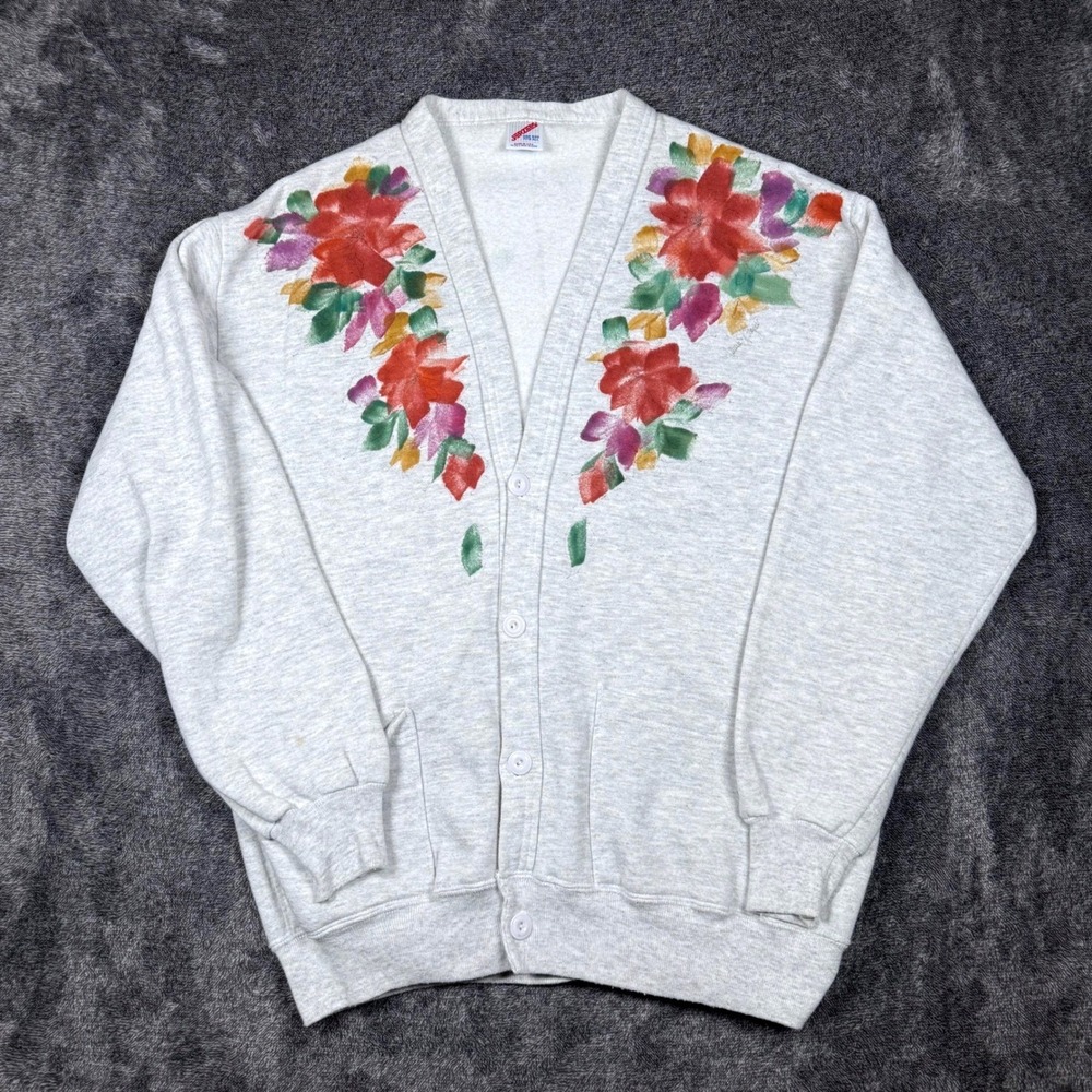 Vintage 90s Jerzees Floral Cardigan Sweatshirt USA Cottagecore Painted Flowers